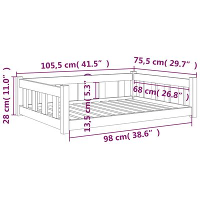 vidaXL suņu gulta, 105,5x75,5x28 cm, priedes masīvkoks