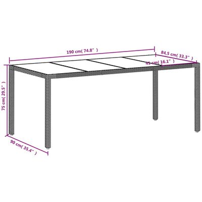vidaXL dārza galds, stikla virsma, pelēks, 190x90x75cm, PE rotangpalma