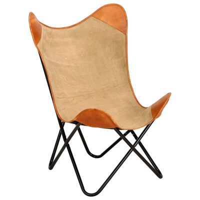 vidaXL tauriņa formas krēsls, brūna dabīgā āda un audums
