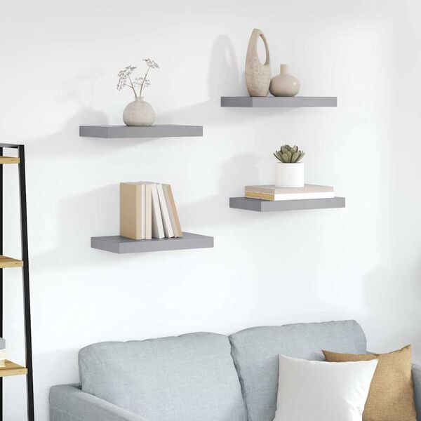 vidaXL sienas plaukti, 4 gab., pelēki, 23x23,5x3,8 cm, MDF