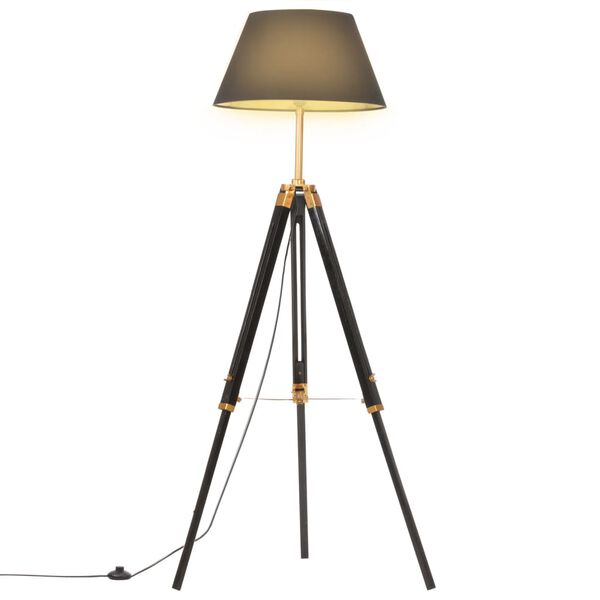 vidaXL grīdas lampa uz statīva, melna, zeltaina, masīvs tīkkoks, 141cm