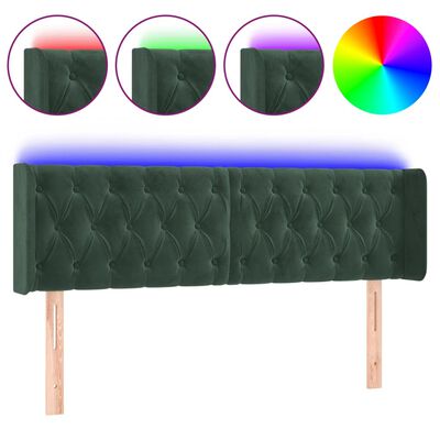 vidaXL gultas galvgalis ar LED, 163x16x78/88 cm, tumši zaļš samts