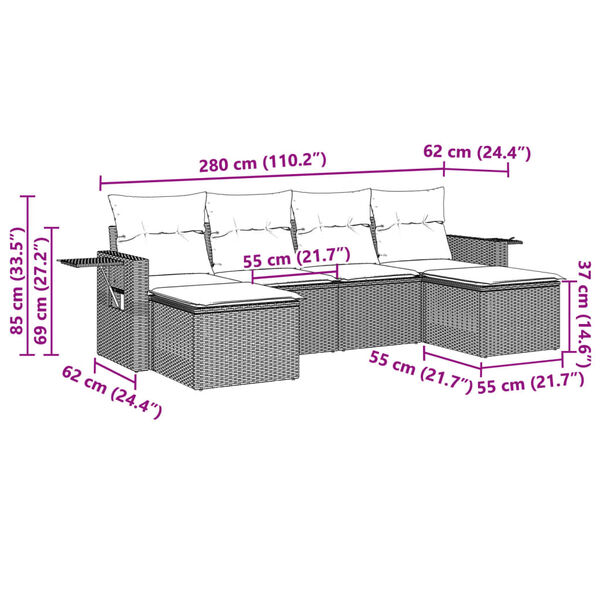 vidaXL 6-daļīgs dārza dīvānu komplekts,matrači, gai&scaron;i pelēka PE pinums