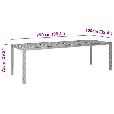 vidaXL āra galds, 250x100x75 cm, pelēka PE rotangpalma, akācijas koks