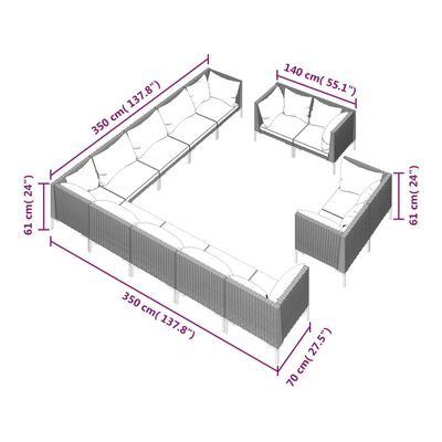 vidaXL 13-daļīgs dārza mēbeļu komplekts, matrači,pelēka PE rotangpalma