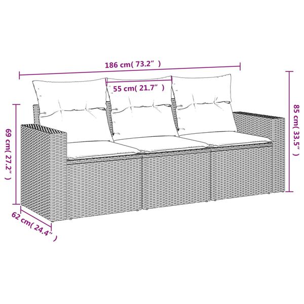 vidaXL 3-daļīgs dārza dīvāna komplekts ar matračiem, pelēks PE pinums