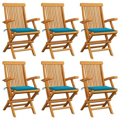 vidaXL dārza krēsli, zili matrači, 6 gab., masīvs tīkkoks