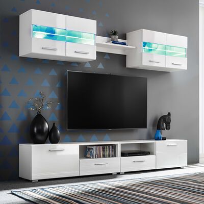vidaXL TV sienas sekcija ar LED gaismām, 5 gab., spīdīgi balta