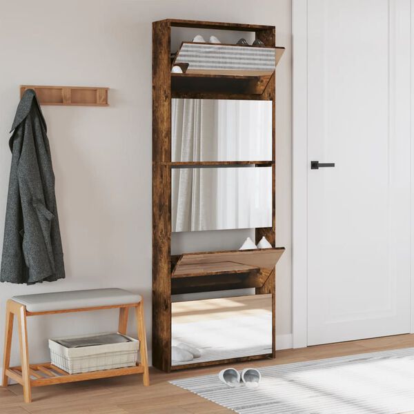 vidaXL apavu plaukts ar spoguli, 5 nodalījumi, ozolkoka, 63x17x169,5cm