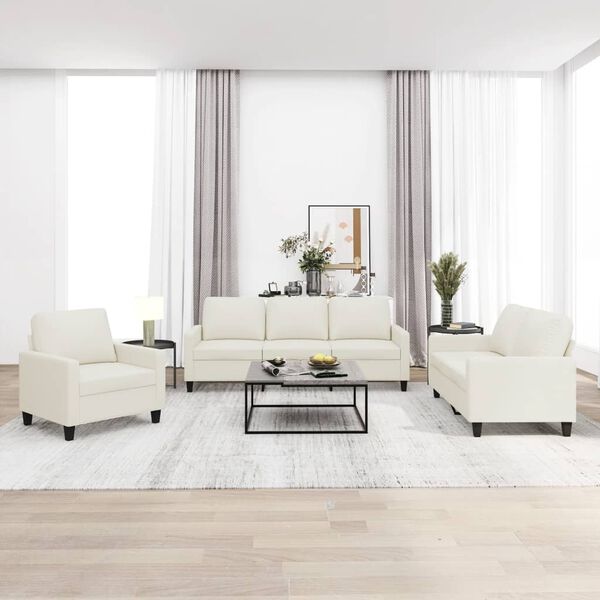 vidaXL trīsdaļīgs dīvānu komplekts, spilveni, krēmkrāsas mākslīgā āda