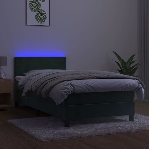 vidaXL atsperu gulta ar matraci, LED, tum&scaron;i zaļ&scaron; samts, 90x190 cm