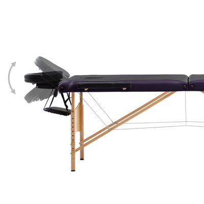 vidaXL saliekams masāžas galds, 3 daļas, koks, melns ar violetu