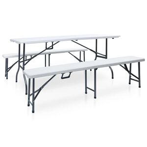 vidaXL saliekams dārza galds ar 2 soliem, 180 cm, tērauds, HDPE, balts