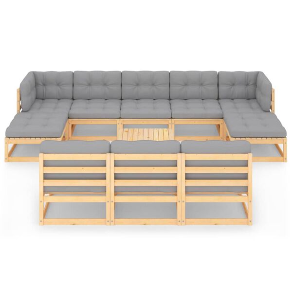 vidaXL 11-daļīgs dārza mēbeļu komplekts ar matračiem, priedes koks