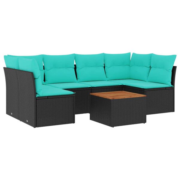 vidaXL 7-daļīgs dārza dīvāna komplekts ar matračiem, melna rotangpalma