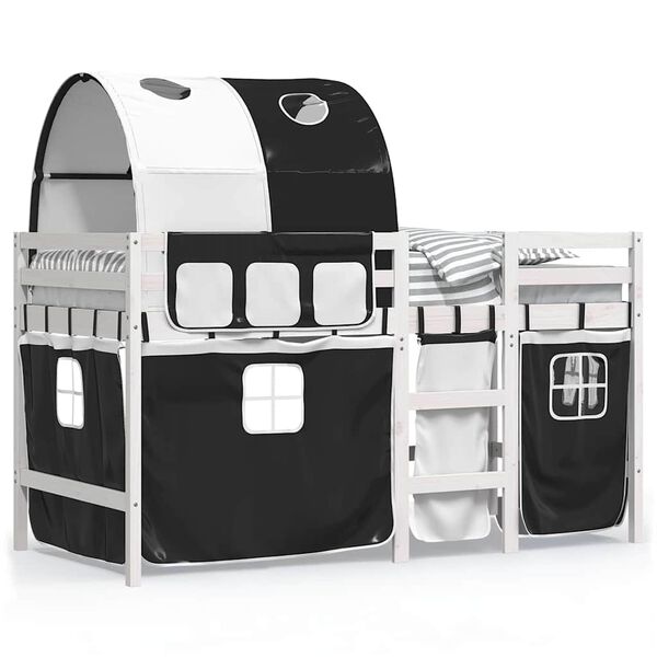 vidaXL bērnu augstā gulta ar tuneli, melni balta, 90x190 cm, priede