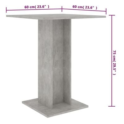 vidaXL bistro galds, betonpelēks, 60x60x75 cm, kokskaidu plāksne