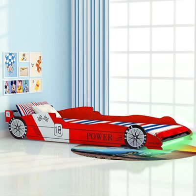 vidaXL bērnu gulta ar LED, sacīkšu mašīnas dizains, 90x200 cm, sarkana