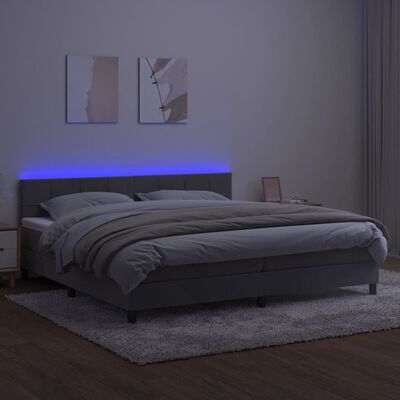 vidaXL atsperu gulta ar matraci, LED, gaiši pelēks samts, 200x200 cm