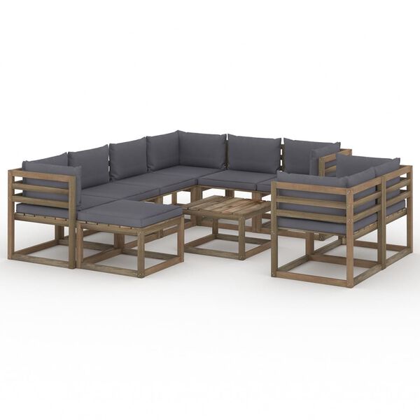 vidaXL 10-daļīgs dārza atpūtas mēbeļu komplekts, pelēki matrači