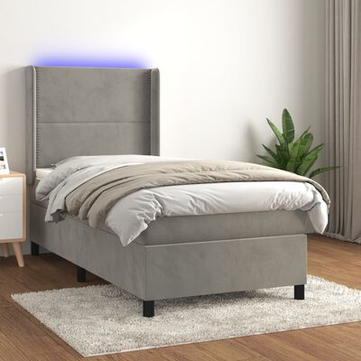 vidaXL atsperu gulta ar matraci, LED, gaiši pelēks samts, 100x200 cm