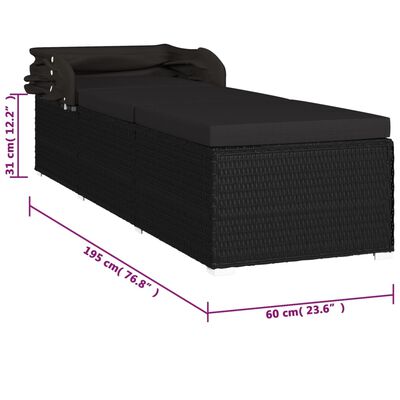 vidaXL sauļošanās zvilnis ar jumtiņu un matraci, melna PE rotangpalma