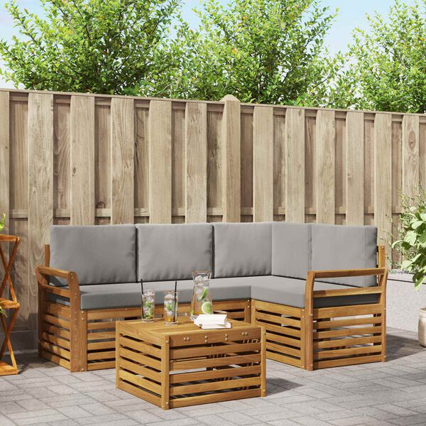 vidaXL Āra dīvānu komplekts ar spilvenu 5 pcs Dabīgs un gai&scaron;i pelēks