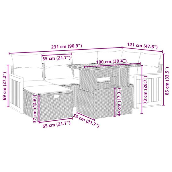 vidaXL 7-daļīgs dārza dīvāna komplekts, matrači, bēša PE rotangpalma