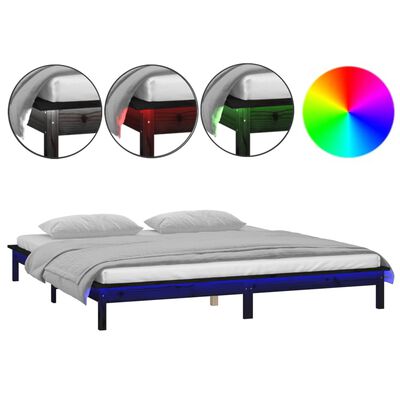 vidaXL gultas rāmis, LED, melns, 140x190 cm, priedes masīvkoks