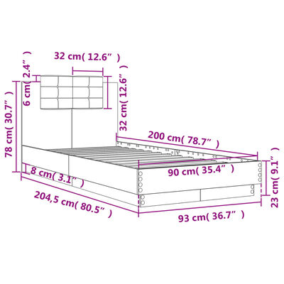 vidaXL gultas rāmis ar galvgali, balts, 90x200 cm, inženierijas koks