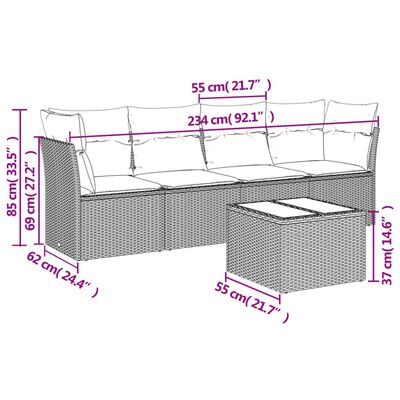 vidaXL 5-daļīgs dārza dīvāna komplekts ar matračiem, PE rotangpalma