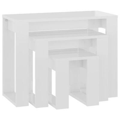 vidaXL galdiņi, 3 gab., sabīdāmi, spīdīgi balti, inženierijas koks
