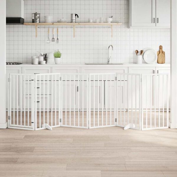 vidaXL suņu vārti ar salokāmām durvīm, 6 paneļi, balti, 300 cm, papeles koks