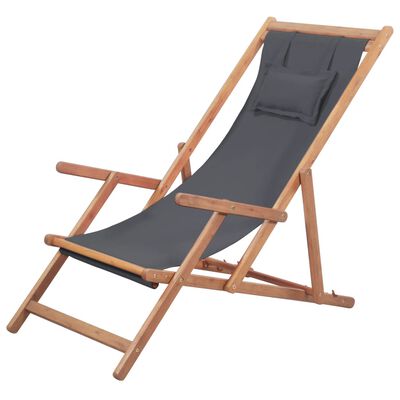 vidaXL saliekams pludmales krēsls, pelēks audums, koka rāmis