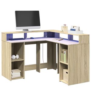 vidaXL rakstāmgalds, LED, ozola krāsa, 130x130x91cm, inženierijas koks