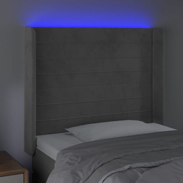 vidaXL gultas galvgalis ar LED, 103x16x118/128 cm, gai&scaron;i pelēks samts