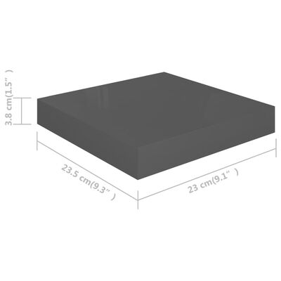 vidaXL sienas plaukti, 2 gab., spīdīgi pelēki, 23x23,5x3,8 cm, MDF