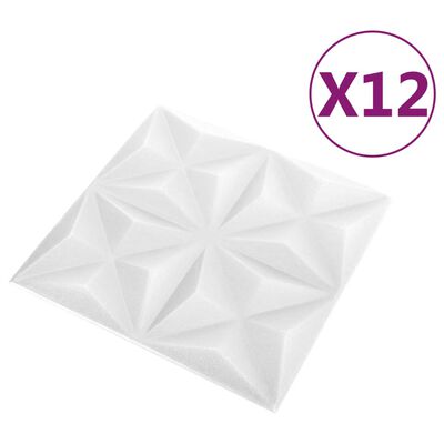 vidaXL 3D sienas paneļi, 12 gab., 50x50 cm, balts origami, 3 m²