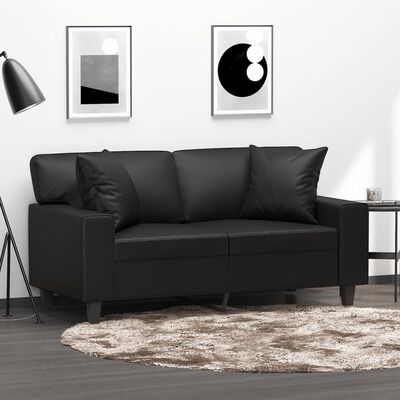 vidaXL divvietīgs dīvāns ar spilveniem, melns, 120 cm, mākslīgā āda