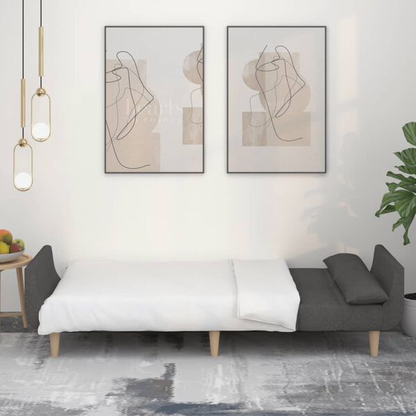 vidaXL 2-vietīga dīvāngulta ar diviem spilveniem, tum&scaron;i pelēks audums