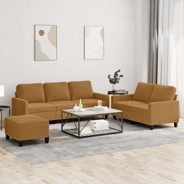 vidaXL trīsdaļīgs dīvānu komplekts ar spilveniem, brūns samts
