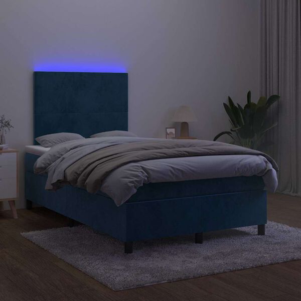 vidaXL atsperu gulta ar matraci, LED, tum&scaron;i zils samts, 120x190 cm