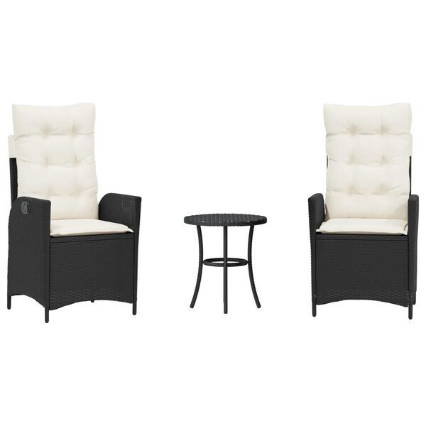 vidaXL 3-daļīgs bistro mēbeļu komplekts, matrači, melna PE rotangpalma