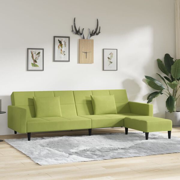 vidaXL 2-vietīga dīvāngulta ar 2 spilveniem un kājsoliņu, zaļ&scaron; samts