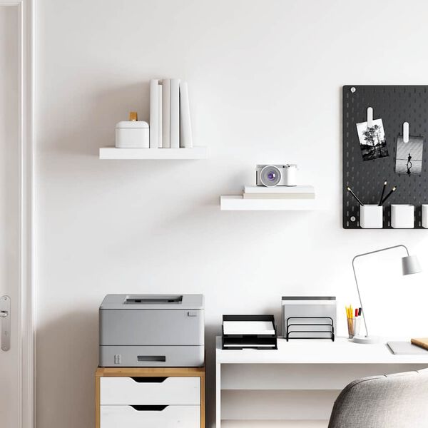 vidaXL sienas plaukti, 2 gab., spīdīgi balti, 40x23x3,8 cm, MDF