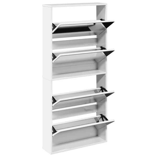 vidaXL apavu plaukts ar spoguli, 4 nodalījumi, balts, 63x17x134 cm