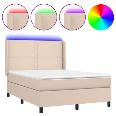 vidaXL atsperu gulta ar matraci, LED, kapučīno, 140x200 cm