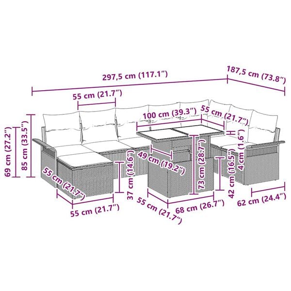 vidaXL Dārza dīvānu komplekts ar spilvenu 9 pcs Bē&scaron;a un gai&scaron;i pelēka
