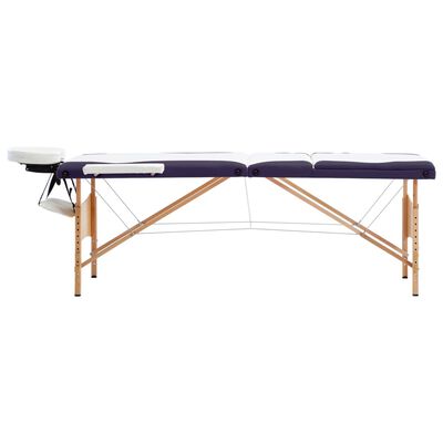 vidaXL saliekams masāžas galds, 3 daļas, koks, balts ar violetu