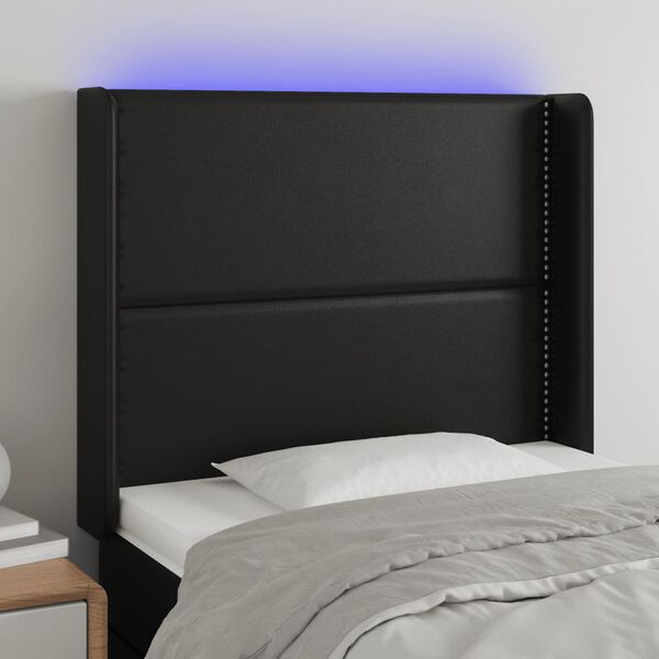 vidaXL gultas galvgalis ar LED, 93x16x118/128 cm, melna mākslīgā āda